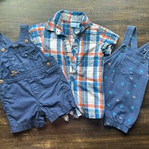 Lot of 3 baby boy cotton short sleeves overalls rompers 0-3 months